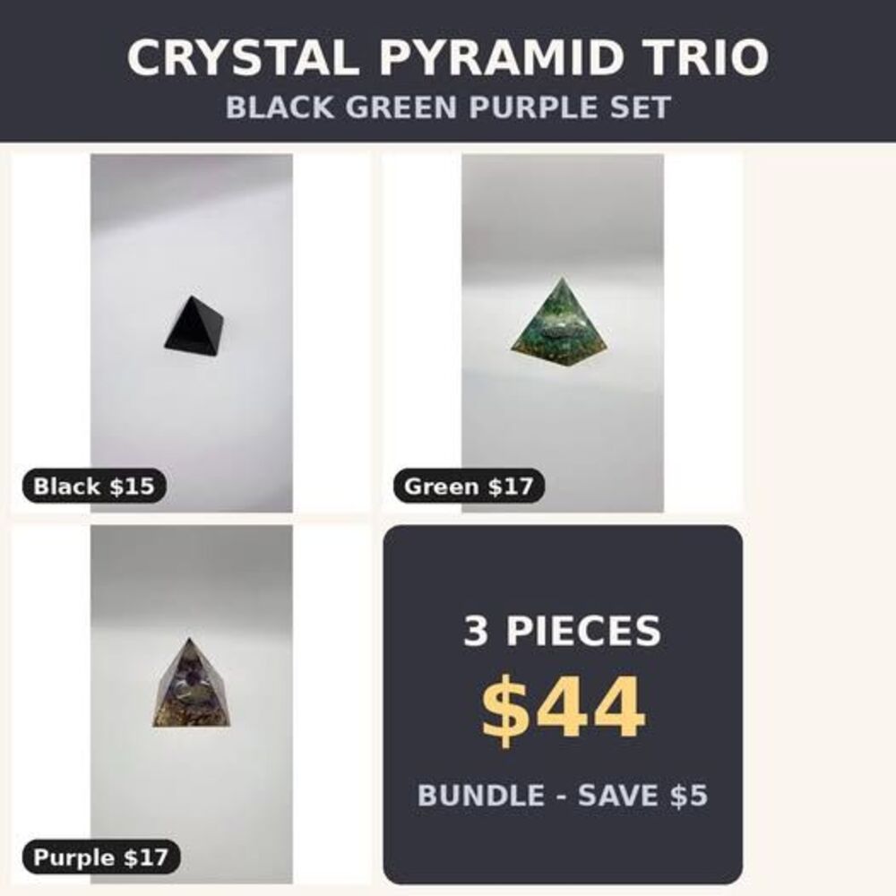 Crystal Pyramid Trio Set | Black Green Purple Polished Stone Pyramids Reiki Deco